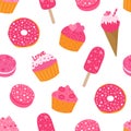 Seamless pattern Valentine`s day dessert cupcakes donuts ice cream vector illustration